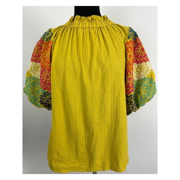 THML Tops - THML Size Large Embroidered Ruffled Mock Neck Top Boho Puff Sleeves Yellow